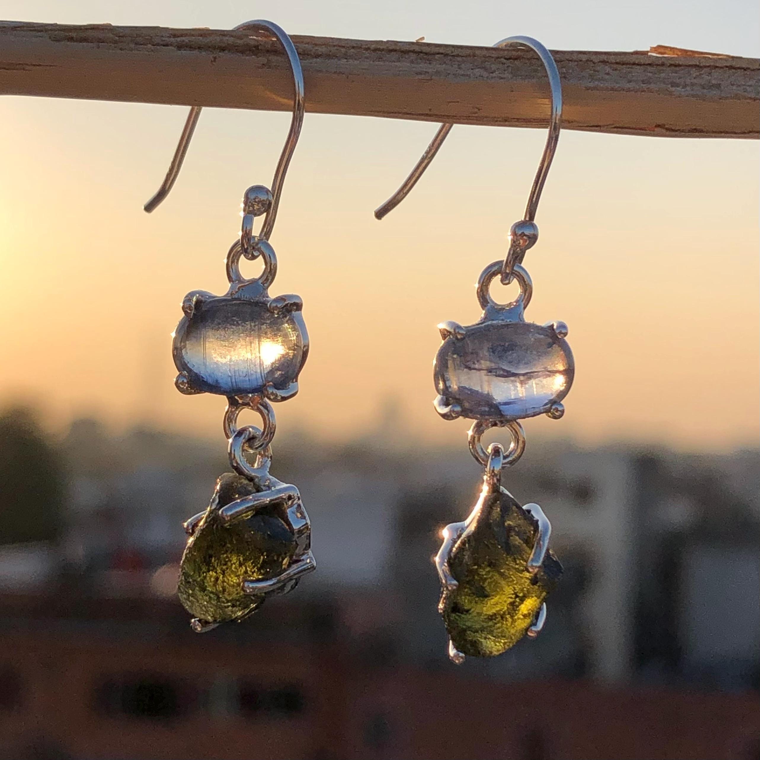 Czech Moldavite & Blue Kyanite Earrings: Handmade Sterling Silver