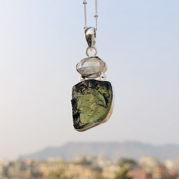 Handmade Sterling Silver Moldavite & Herkimer Pendant: Czech Gemstone Jewelry