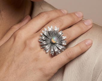 Ethiopian Opal Womens Ring, Sterling Silver Ring, Flower Design Jewelry, Gift For Her