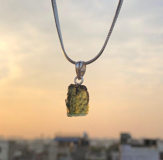 Echter Tschechischer Moldavit & Herkimer Diamant Anhänger, 925