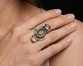 Handmade Moldavite and Herkimer Diamond Sterling Silver Statement Ring