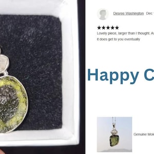 May include: A silver pendant featuring a green and black moldavite stone and a clear crystal. The pendant is displayed in a small box with a black interior. The image also includes a customer review with five stars and the text "Happy Customer".