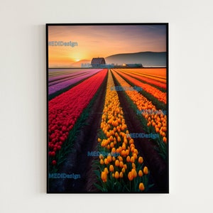 Tulip fields and farm house wall art- Printable download- JPG, office decor, wall decor, center piece, colorful wall art, digital art, flowe
