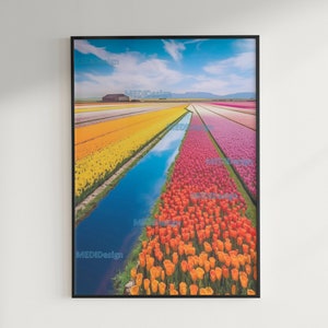 Tulpenfelder & Berge Wandkunst- Printable download- JPG, Bürodekor, Wanddekor, Mittelstück, bunte Wandkunst, digitale Kunst, Flowe