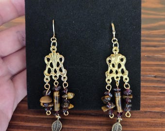 Tigers Eye and Garnet Earrings - Beaded Chandelier Earrings