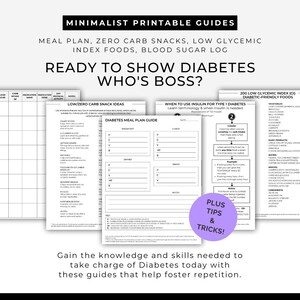 Plan de repas pour le diabète, liste des aliments pour diabétiques, tableau des aliments pour diabétiques, guide des choses à faire et à ne pas faire, journal de glycémie, faible teneur en glucides, indice glycémique, type 1 2 DM