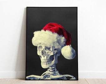 Vintage Halloween Wall Art, Skeleton with Santa Hat Print, Muted Neutral Moody Halloween, Printable Digital Download, Dark Academia Wall Art