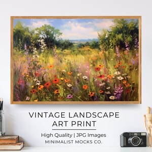 Printable Wildflower Field Landscape Oil Painting, Vintage Landscape Art Print, Country Field Wall Art Digital Download