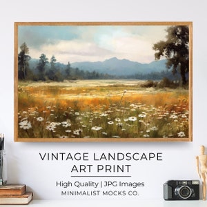 Printable Wildflower Field Landscape Oil Painting, Vintage Landscape Art Print, Country Field Wall Art Digital Download