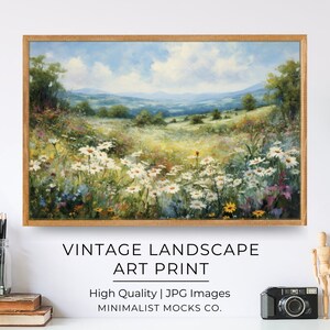 Printable Wildflower Field Landscape Oil Painting, Vintage Farm House, Country Field Landscape Oil Painting Printable, Art Digital Download