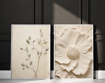 Neutral Wall Art Prints, Botanical Art, Set of 3 Beige Plant Prints, Minimalist Modern Bedroom Living Room Wall Decor, Printable Texture Art