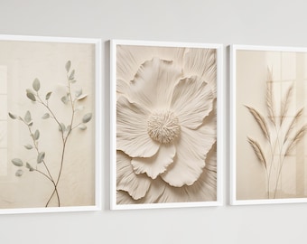 Neutral Wall Art Prints, Botanical Art, Set of 3 Beige Plant Prints, Minimalist Modern Bedroom Living Room Wall Decor, Printable Texture Art