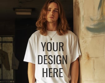 Gildan 5000 Men's WHITE T-shirt Mockup, Mens Shirt Mockup, White Tshirt Mockup for Men, Aesthetic Mockup, Tattooed Model Mockup