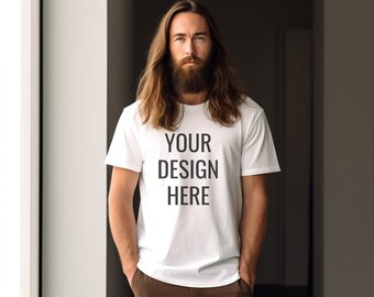 Gildan 5000 Men's WHITE T-shirt Mockup, Mens Shirt Mockup, White Tshirt Mockup for Men, Aesthetic Mockup, Tattooed Model Mockup