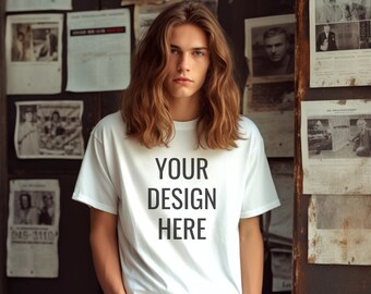 Gildan 5000 Men's WHITE T-shirt Mockup, Mens Shirt Mockup, White Tshirt Mockup for Men, Aesthetic Mockup, Tattooed Model Mockup