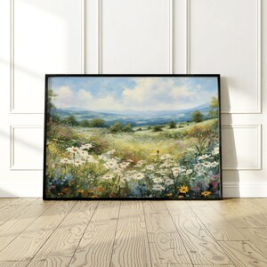 Printable Wildflower Field Landscape Oil Painting, Vintage Farm House, Country Field Landscape Oil Painting Printable, Art Digital Download