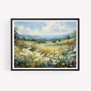 Printable Wildflower Field Landscape Oil Painting, Vintage Farm House, Country Field Landscape Oil Painting Printable, Art Digital Download