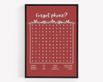 Op de afbeelding: Een rode, afdrukbare kerstwoordzoekpuzzel met de woorden "Forgot phone?" bovenaan. De puzzel bevat woorden als "carols", "reindeer", "presents", "joy", "elf", "tree", "jingle", "merry", "Christmas", "candy cane", "stockings", en "Santa".