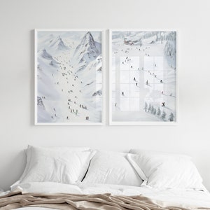 Mini Skiers Illustration Print, Abstract Ski Slope Art, Snowy Winter Painting, Holiday Art, Unframed Print, Minimalist Wall Decor