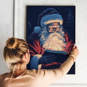 Risograph Pop Art, Vintage Riso Print Unframed, Risograph illustration Santa Art, Snowy Winter Painting, Holiday Art, Minimalist Wall Decor