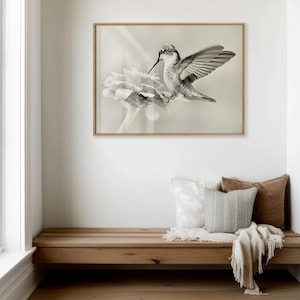 Neutral Hummingbird Wall Art Print, Minimalist Modern Bedroom Living Room Wall Decor, Minimalist Vintage Hummingbird Print, Bird Photography