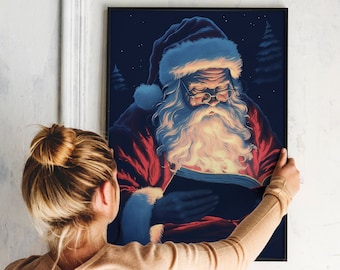 Risograph Pop Art, Vintage Riso Print Unframed, Risograph illustration Santa Art, Snowy Winter Painting, Holiday Art, Minimalist Wall Decor
