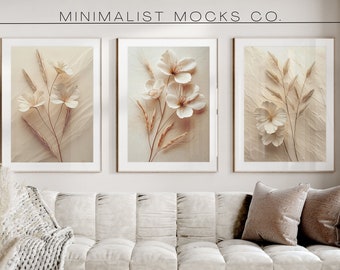 Neutral Wall Art Prints, Botanical Art, Set of 3 Beige Plant Prints ...