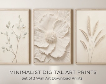 Neutral Wall Art Prints, Botanical Art, Set of 3 Beige Plant Prints, Minimalist Modern Bedroom Living Room Wall Decor, Printable Texture Art