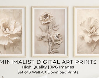 Neutral Wall Art Prints, Botanical Vintage Art, Set of 3 Beige Plant Prints, Minimalist Modern Bedroom Living Room Wall Decor, Printable Art