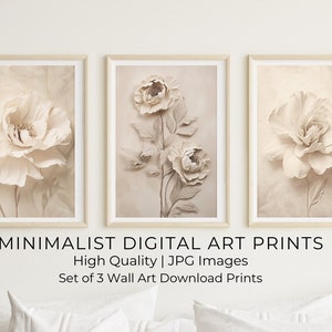 Neutrale muurkunstprints, botanische vintage kunst, set van 3 beige plantenprints, minimalistische moderne slaapkamer woonkamer wanddecoratie, afdrukbare kunst