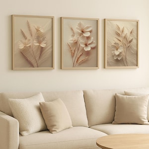 Lot de 3 oeuvres d'art murales beiges neutres - oeuvres d'art botaniques imprimables, décoration estivale bohème, impressions végétales minimalistes pour le salon ou la chambre à coucher