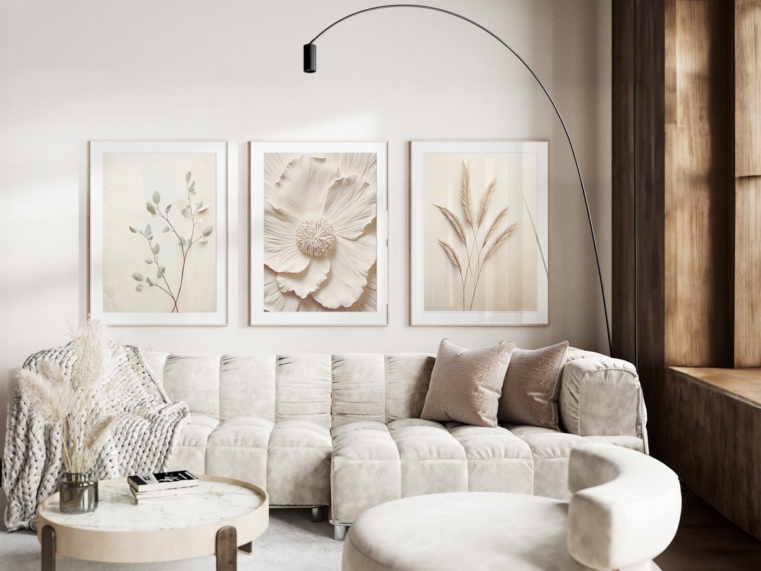 Neutral Wall Art Prints, Botanical Art, Set of 3 Beige Plant Prints ...