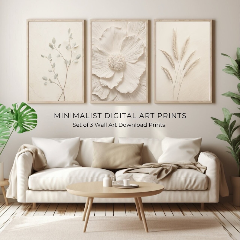 Neutral Wall Art Prints, Botanical Art, Set of 3 Beige Plant Prints ...