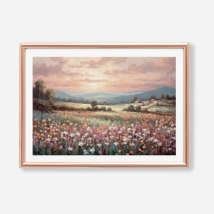 Printable Wildflower Field Landscape Oil Painting, Vintage Landscape Art Print, Country Field Wall Art Digital Download