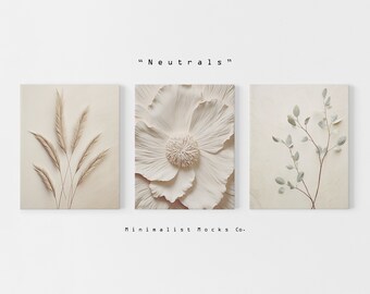 Neutral Wall Art Prints, Botanical Art, Set of 3 Beige Plant Prints, Minimalist Modern Bedroom Living Room Wall Decor, Printable Texture Art