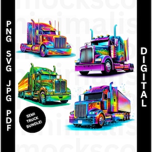 May include: A digital download bundle of four semi truck designs. Each truck is illustrated in a vibrant rainbow color scheme with a chrome finish. The text "SEMI TRUCK BUNDLE!" is included in the image.
