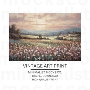 Pintura a óleo de paisagem de campo de flores silvestres para impressão, impressão de arte de paisagem vintage, download digital de arte de parede de campo rural