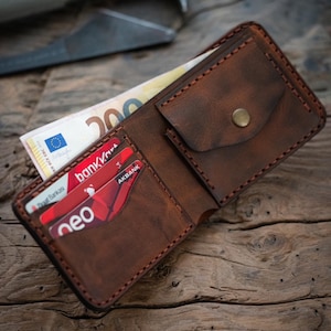 Billetera de cuero personalizada, billetera minimalista, billetera plegable de cuero, billetera plegable delgada de cuero desgastado, regalo del Día del Padre