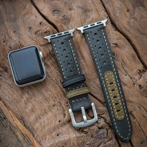 Pasek do zegarka Apple Watch w kamuflażu 45 mm / 44 mm Ręcznie robiony pasek do zegarka Apple Watch ze skóry VegTan ze wzorem / Pasek do zegarka Apple Watch ze skóry oliwkowej na 7. generację