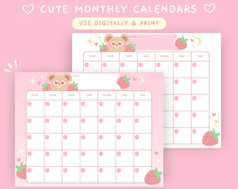 いちごの月間カレンダー、かわいい文房具（デジタルダウンロード）