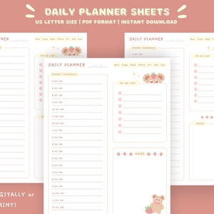 planejador diário para impressão, planejador digital fofo, lista de tarefas, papel de carta kawaii