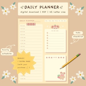 planejador diário para impressão, planejador digital fofo, lista de tarefas, papel de carta kawaii, modelo de boas notas