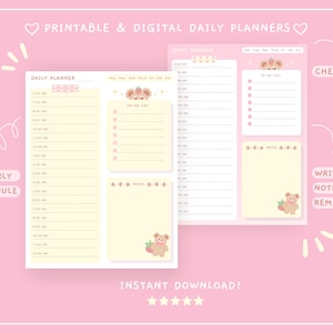 planejador diário para impressão, planejador digital fofo, lista de tarefas, papel de carta kawaii