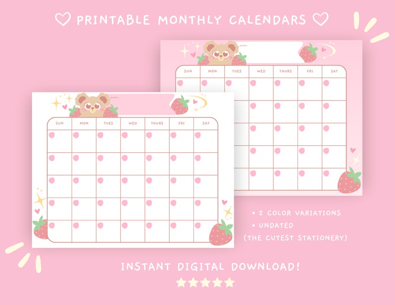 Monthly Planner Printable Digital Kawaii Stationary Cute - Etsy