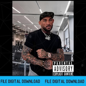 May include: A person with extensive arm tattoos wearing a black t-shirt, a camouflage baseball cap, a silver chain necklace, and a metallic wristwatch. A square black and white label with the text PARENTAL ADVISORY EXPLICIT CONTENT is visible.