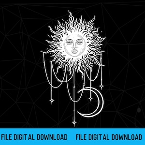 May include: A white line art illustration on a black background featuring a sun with a human face surrounded by radiating flames. Below the sun, delicate hanging chains with small star-shaped charms connect to a crescent moon at the bottom.