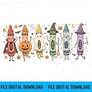 May include: A digital illustration featuring six anthropomorphic crayons dressed in Halloween costumes: a vampire, a pumpkin, a ghost, a witch with a broom, a mummy, and a wizard. The crayons are labelled red, yellow, green, blue, and purple.