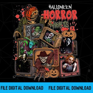 May include: A digital graphic featuring the text HALLOWEEN HORROR NIGHTS in red and green. The design displays a pumpkin-headed figure and several vintage televisions showing various horror movie characters, including a slasher, a doll, and a ghost.