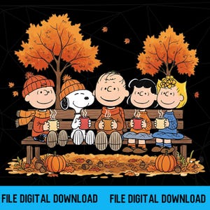 May include: A digital illustration featuring the Peanuts characters sitting on a wooden bench under orange autumn trees. They are holding steaming mugs, wearing orange hats and sweaters, with pumpkins and fallen leaves on the ground. Text reads FILE DIGITAL DOWNLOAD.
