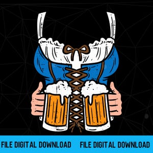 Könnte beinhalten: Eine grafische Illustration eines blau-weißen Mieders mit brauner Schnürung vorne, die zwei Hände zeigt, welche große Bierkrüge aus Glas mit goldener Flüssigkeit und weißem Schaum halten. Der Text FILE DIGITAL DOWNLOAD steht am unteren Rand.